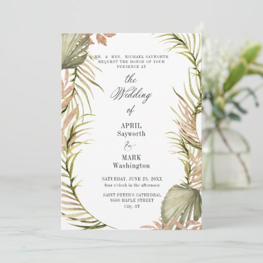 Boho Palm Leaf Greenerity Wedding Einladung (Stehend Vorderseite)