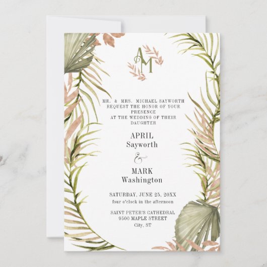 Boho Palm Leaf Greenerity Wedding Einladung (Vorderseite)
