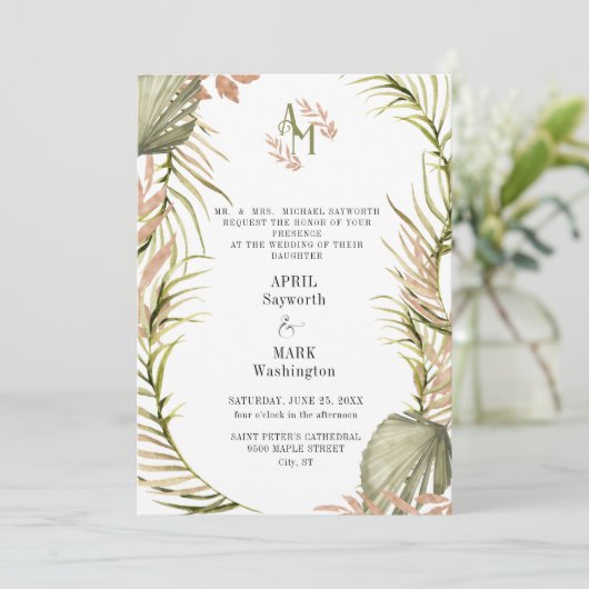Boho Palm Leaf Greenerity Wedding Einladung (Stehend Vorderseite)
