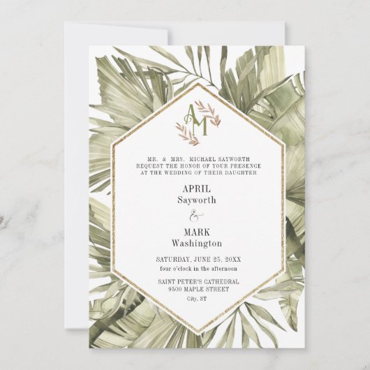 Boho Palm Leaf Greenery Monogram Wedding Einladung (Vorderseite)