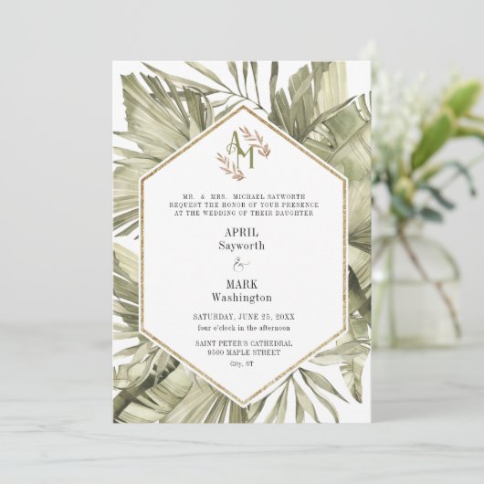 Boho Palm Leaf Greenery Monogram Wedding Einladung (Stehend Vorderseite)