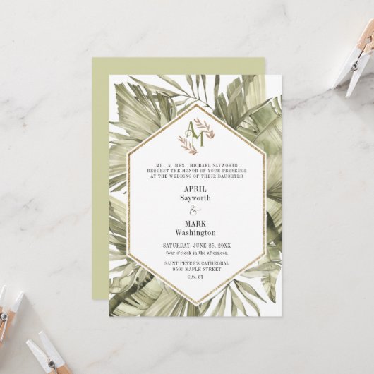 Boho Palm Leaf Greenery Monogram Wedding Einladung (Vorderseite/Rückseite Beispiel)