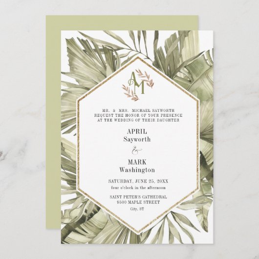 Boho Palm Leaf Greenery Monogram Wedding Einladung (Vorne/Hinten)