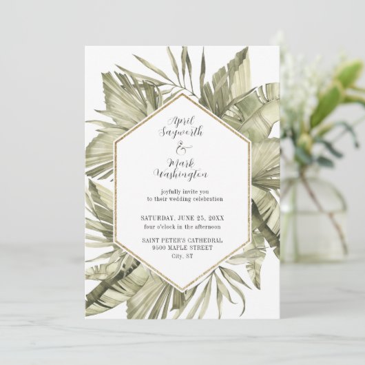 Boho Palm Leaf Wedding Frame Einladung (Stehend Vorderseite)