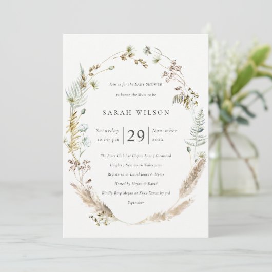 Boho Palm Pampas Grass Floral Baby Dusche einladen Dankeskarte (Stehend Vorderseite)