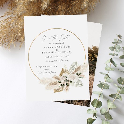 Boho Palm Pampas Grass Floral Save the Date Foto Einladung