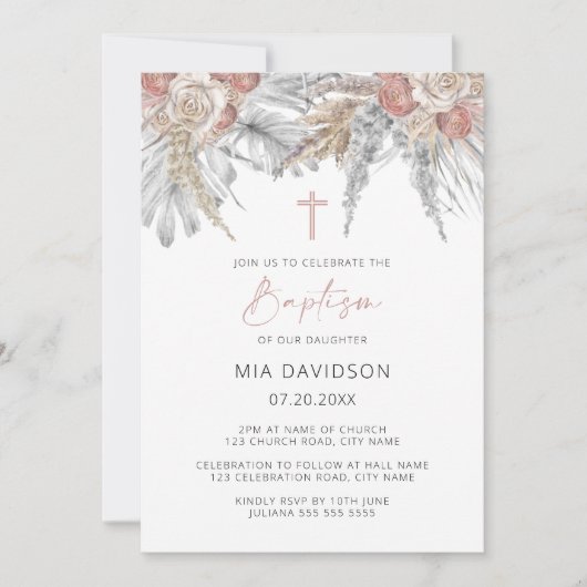 Boho Palm Pink Pampas Grass Floral Taufe Einladung (Vorderseite)