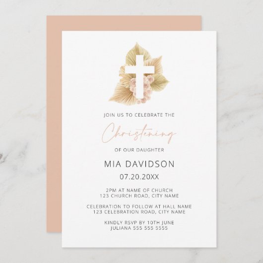 Boho Palm Rose Blush Pink Blumenkreuz Christine Einladung (Vorne/Hinten)