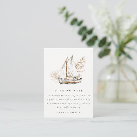 Boho Palm Sailboat Seascape Hochzeit wünschend gut Begleitkarte (Stehend Vorderseite)