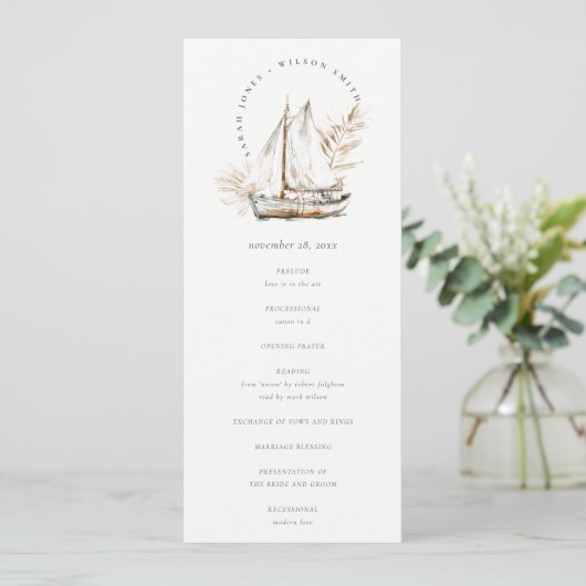 Boho Palm Sailboat Seascape Hochzeitsprogramm Einladung (Stehend Vorderseite)