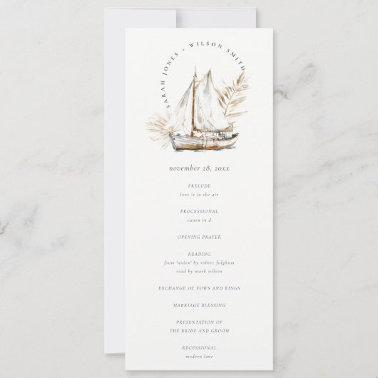 Boho Palm Sailboat Seascape Hochzeitsprogramm Einladung (Vorderseite)