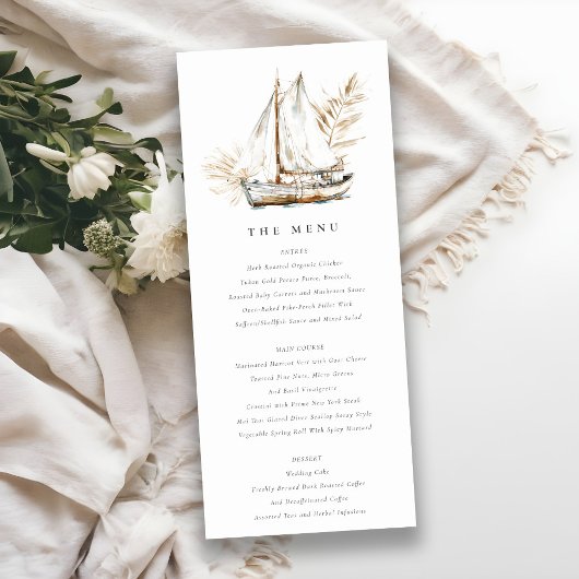 Boho Palm Sailboat Seascape Wedding Menu Card Einladung