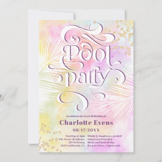 Boho Palm Spaß Pool Party Skript-Wirbel Sweet 16 Einladung (Vorderseite)