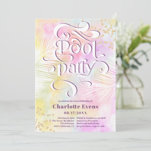 Boho Palm Spaß Pool Party Skript-Wirbel Sweet 16 Einladung (Stehend Vorderseite)