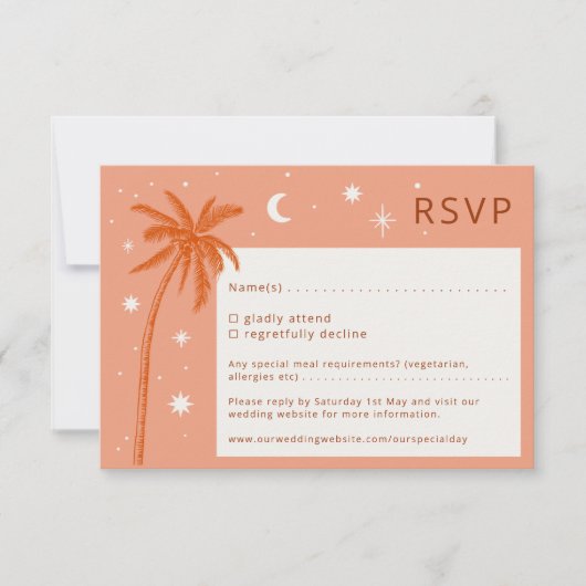 Boho Palm Springs Orange Wedding RSVP Karte (Vorderseite)