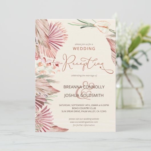 Boho Palm Trockenfoliage Hochzeitsempfang Einladung (Stehend Vorderseite)