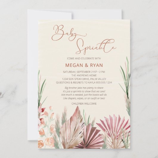 Boho Palm Trockenfolie Rustikales Baby Sprinkle Einladung (Vorderseite)