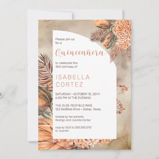 Boho Palm Verlasse Hydrangea Blooms 15. Quinceañer Einladung (Vorderseite)