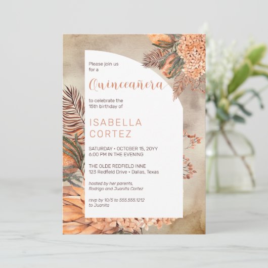 Boho Palm Verlasse Hydrangea Blooms 15. Quinceañer Einladung (Stehend Vorderseite)