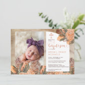 Boho Palm Verlasse Hydrangeas Girl Foto Taufe in Einladung (Stehend Vorderseite)