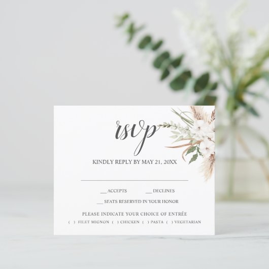 Boho Pampa Grass Blätter Wedding RSVP (Stehend Vorderseite)