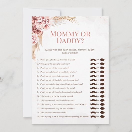 Boho Pampas Baby Shower Mommy Daddy Game Card Einladung (Vorderseite)