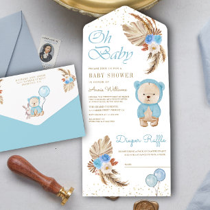 Boho Pampas Blaues Blumen-Teddybär-Baby-Shower All In One Einladung