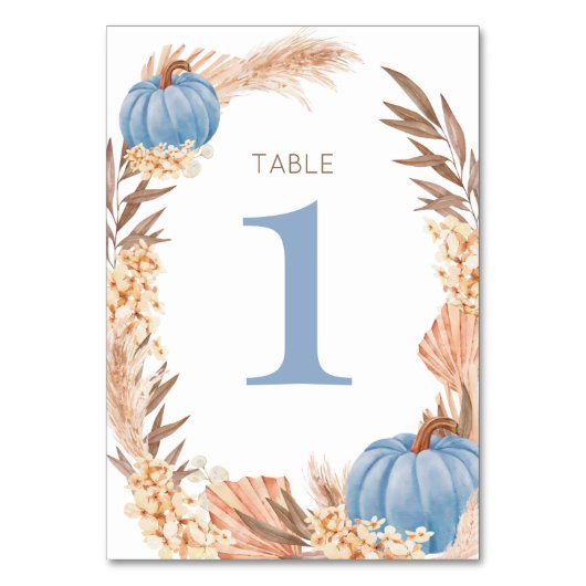 Boho Pampas blue Pumpkin Table number Tischnummer (Vorderseite)