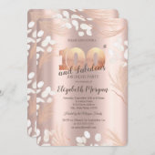 Boho Pampas Blume Rose Gold 100. Geburtstag Einladung (Vorne/Hinten)