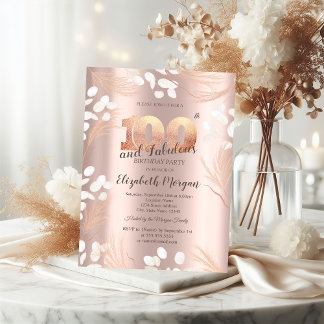 Boho Pampas Blume Rose Gold 100. Geburtstag Einladung