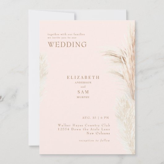 Boho Pampas Blush mit Hochzeit Einladung (Vorderseite)
