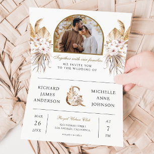 Boho Pampas Bogen Foto All-in-One QR-Code Hochzeit Einladung