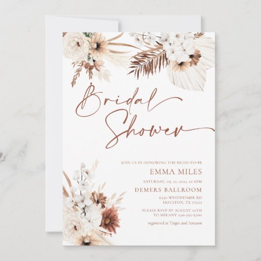 Boho Pampas Bridal Dusche Einladung (Vorderseite)