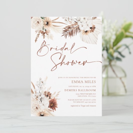Boho Pampas Bridal Dusche Einladung (Stehend Vorderseite)