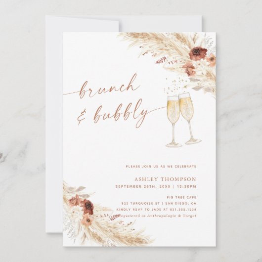 Boho Pampas Brunch & Bubbly Brautparty Einladung (Vorderseite)