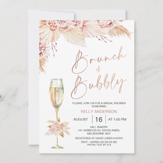 Boho Pampas Brunch Bubbly Bridal Dusche Einladung (Vorderseite)