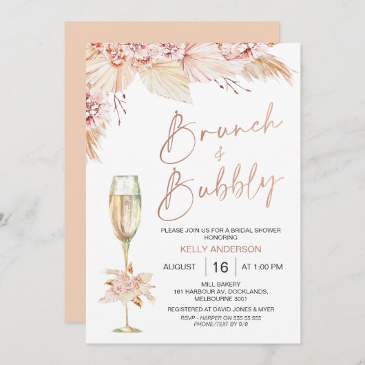 Boho Pampas Brunch Bubbly Bridal Dusche Einladung (Vorne/Hinten)