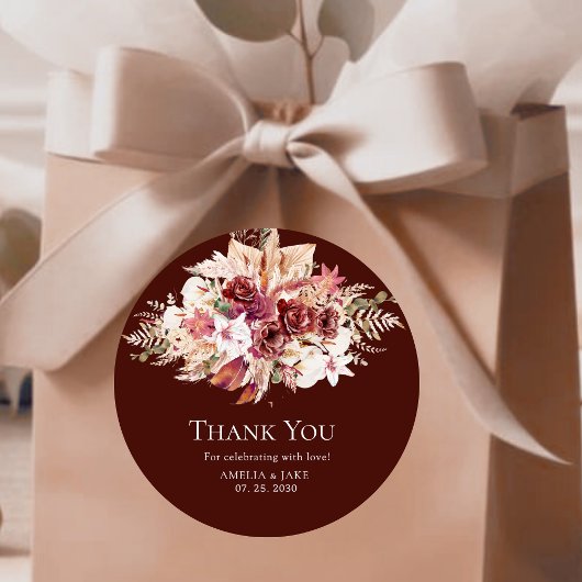 Boho Pampas Burgundy Floral Round Wedding  Runder Aufkleber