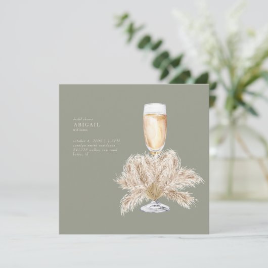 Boho Pampas Champagne Sage/Cream Square Bridal II Einladung (Stehend Vorderseite)