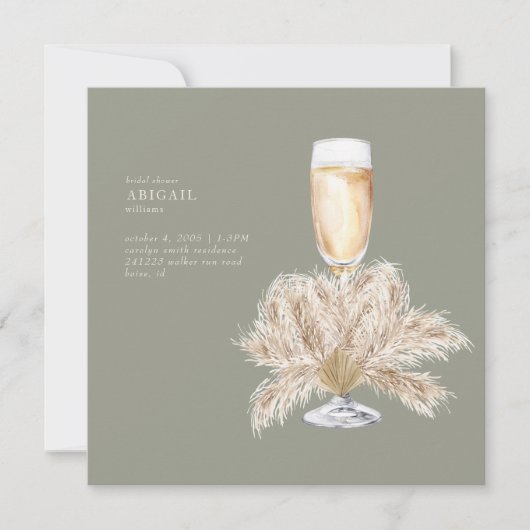 Boho Pampas Champagne Sage/Cream Square Bridal II Einladung (Vorderseite)