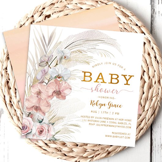 Boho Pampas Chic Baby Shower Einladung für Mädchen