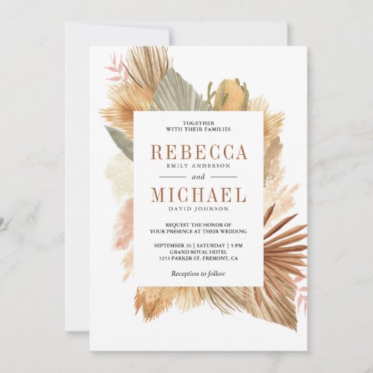 Boho Pampas Dried Palm All in One Wedding Einladung (Vorderseite)