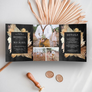 Boho Pampas Dried Palm Foto Collage Black Wedding Dreifach Gefaltete Einladung