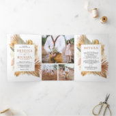 Boho Pampas Dried Palm Foto Collage Wedding Dreifach Gefaltete Einladung (Innenseite)