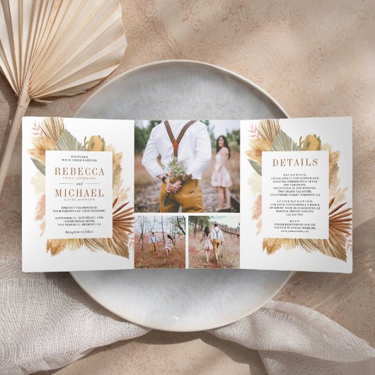 Boho Pampas Dried Palm Foto Collage Wedding Dreifach Gefaltete Einladung
