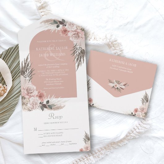 Boho Pampas Dusty Pink Floral Wedding All In One Einladung