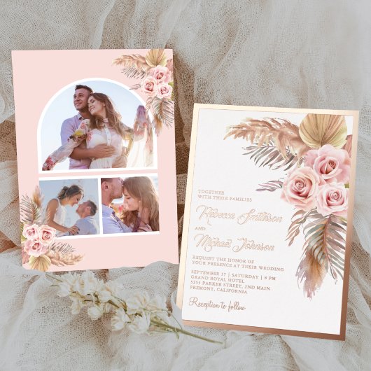 Boho Pampas Dusty Pink Rose Wedding Gold Folieneinladung