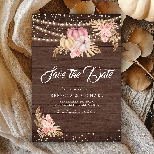 Boho Pampas Dusty Pink Roses Wood Pumpkin Wedding Save The Date