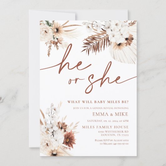 Boho Pampas, er oder sie, Geschlecht offenbaren Ei Einladung (Vorderseite)