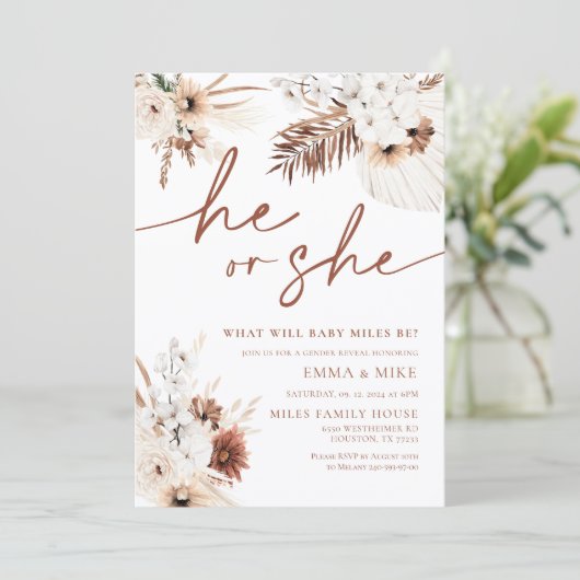 Boho Pampas, er oder sie, Geschlecht offenbaren Ei Einladung (Stehend Vorderseite)